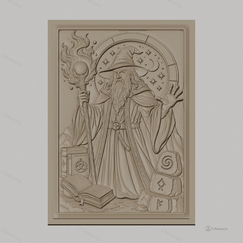 Fichier CNC & impression 3D magicien, bâton magique, livres anciens, symboles mystiques, haute qualité relief STL