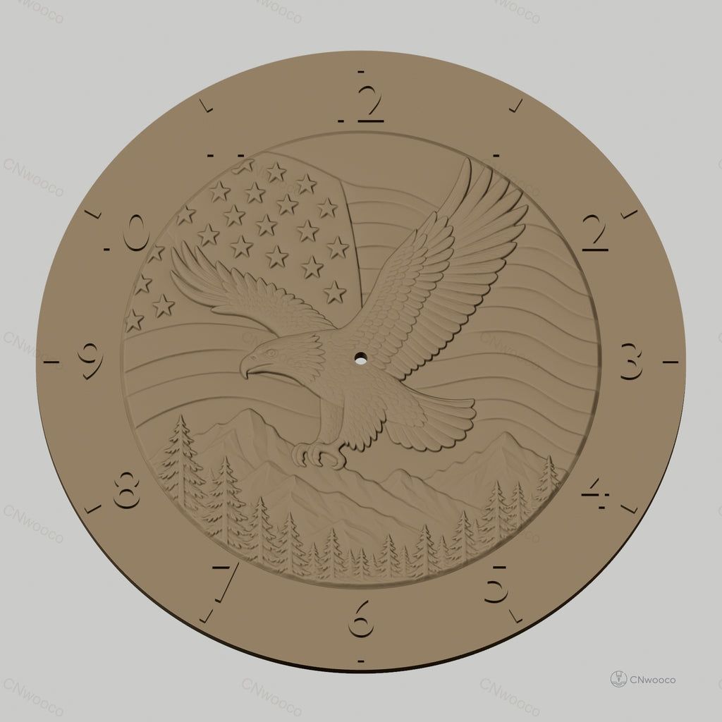 Fichier CNC & impression 3D horloge murale aigle américain relief montagne forêt STL