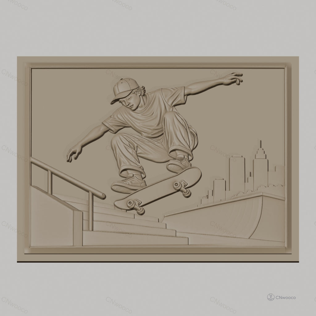 Fichier CNC & impression 3D Skateur sautant à la rampe avec ville en arrière-plan, haute qualité relief STL