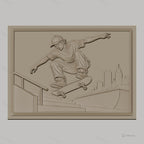 Fichier CNC & impression 3D Skateur sautant à la rampe avec ville en arrière-plan, haute qualité relief STL