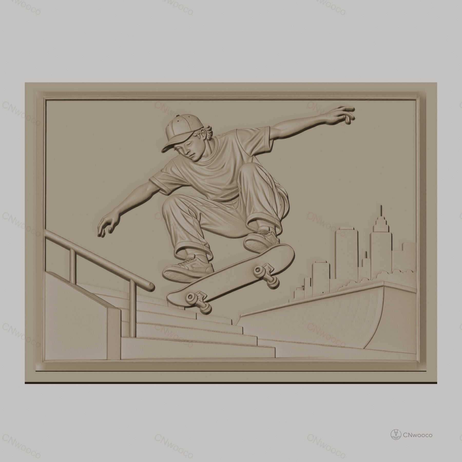 Fichier CNC & impression 3D Skateur sautant à la rampe avec ville en arrière-plan, haute qualité relief STL