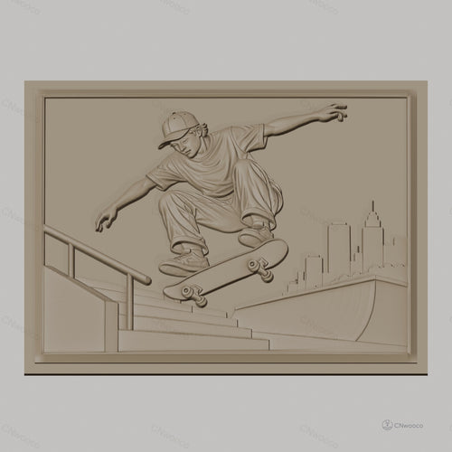 Fichier CNC & impression 3D Skateur sautant à la rampe avec ville en arrière-plan, haute qualité relief STL