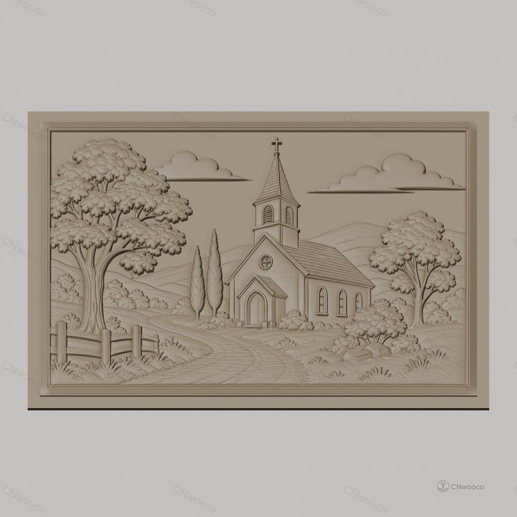 Fichier CNC & impression 3D paysage religieux avec église et arbres, haute qualité relief STL