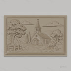 Fichier CNC & impression 3D paysage religieux avec église et arbres, haute qualité relief STL