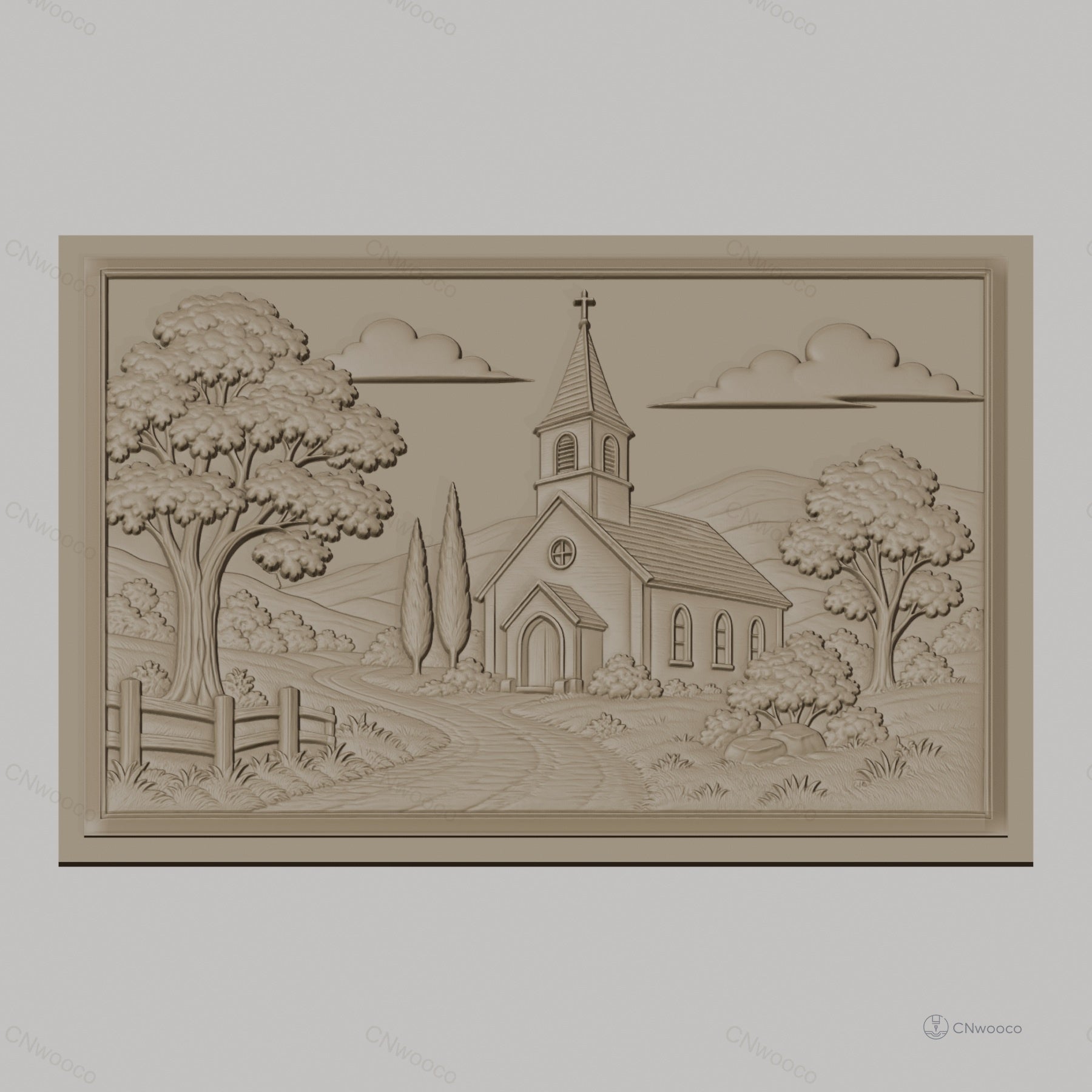 Fichier CNC & impression 3D paysage religieux avec église et arbres, haute qualité relief STL