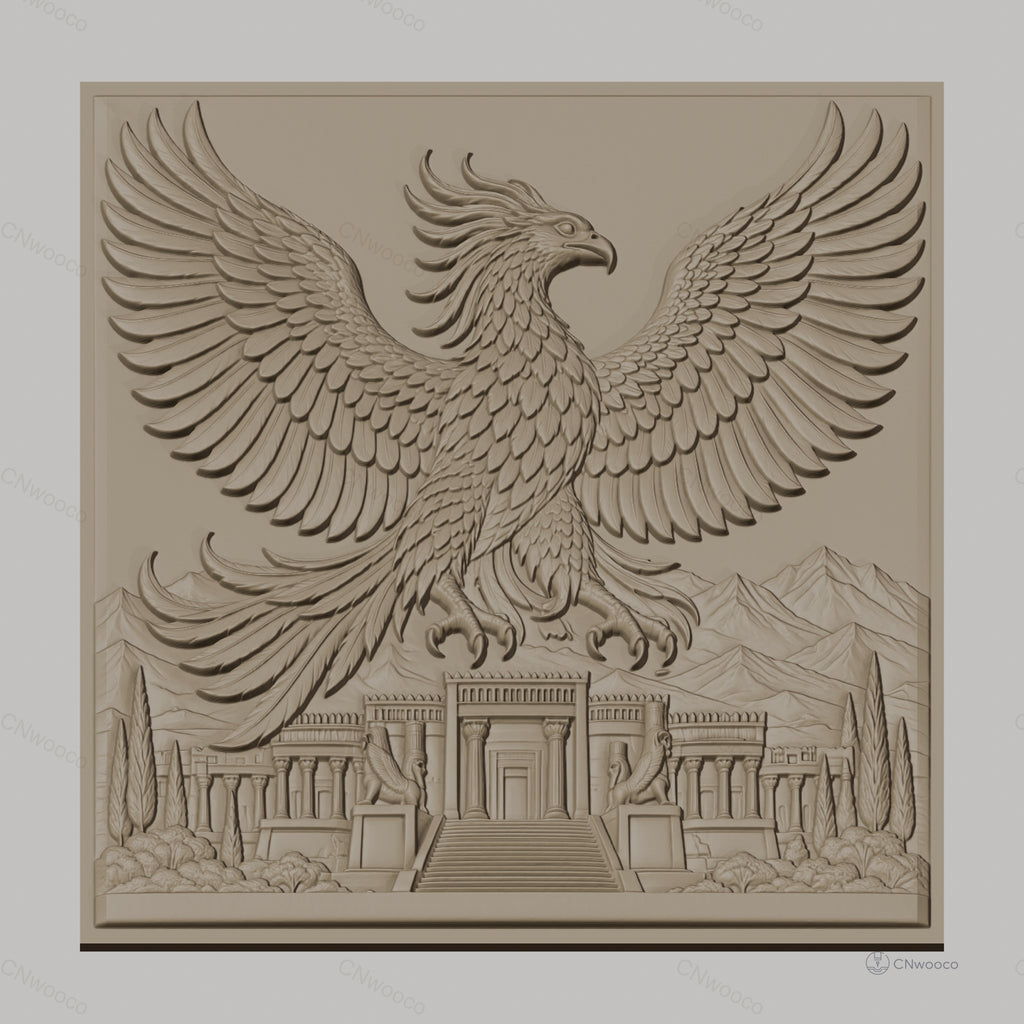 Fichier CNC & impression 3D Phénix mythique, temple ancien avec montagnes et nature, haute qualité relief STL