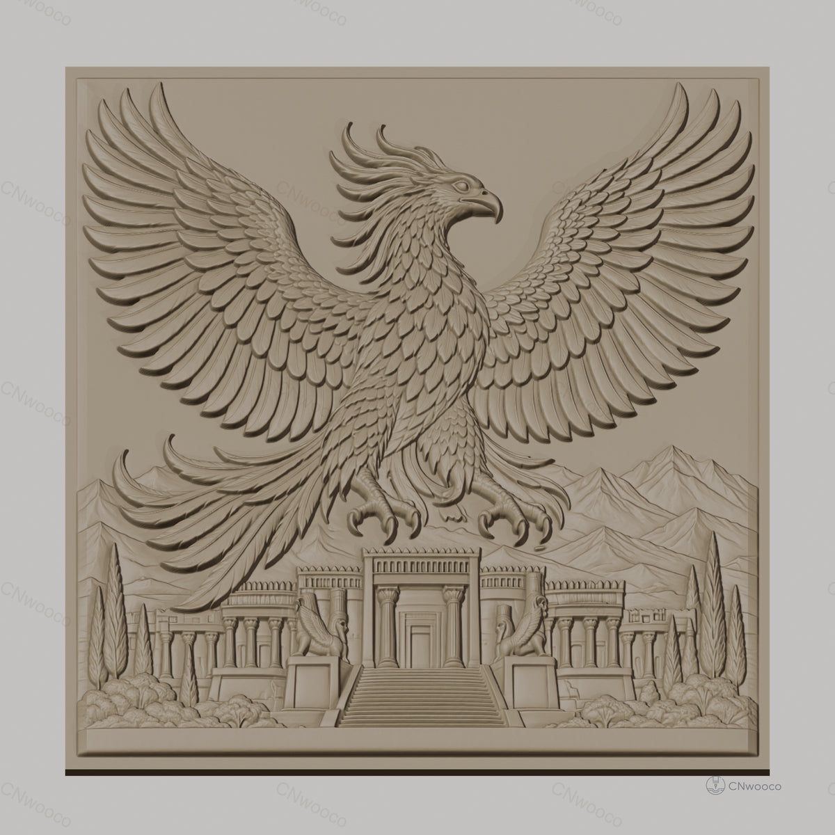 Fichier CNC & impression 3D Phénix mythique, temple ancien avec montagnes et nature, haute qualité relief STL