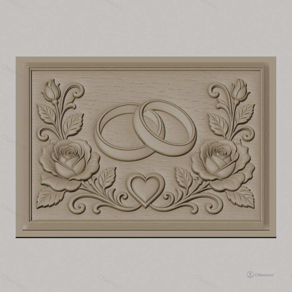 Fichier CNC & impression 3D thème mariage, bagues entrelacées, roses et cœur, haute qualité relief STL