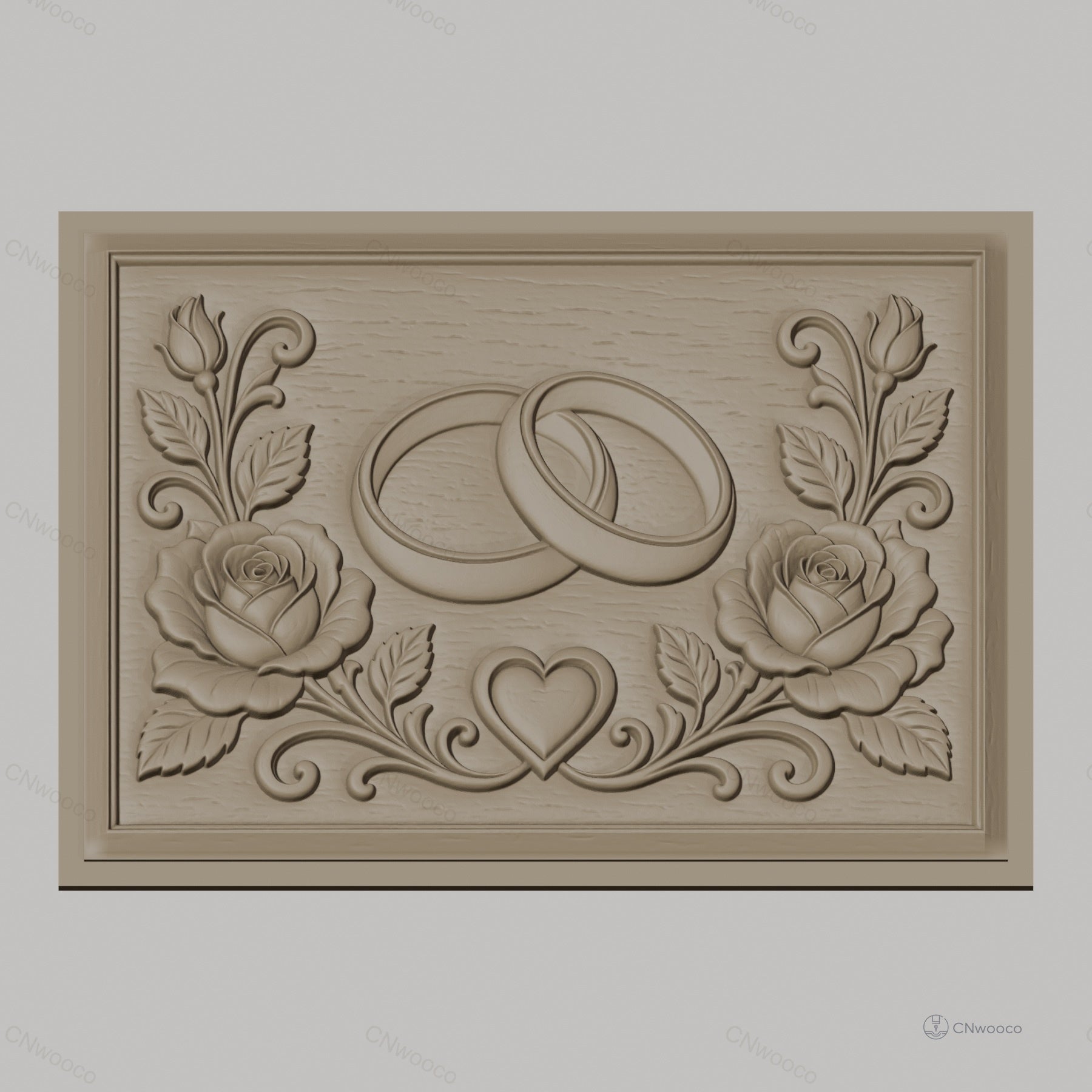 Fichier CNC & impression 3D thème mariage, bagues entrelacées, roses et cœur, haute qualité relief STL