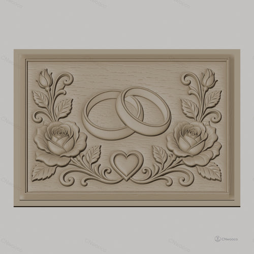 Fichier CNC & impression 3D thème mariage, bagues entrelacées, roses et cœur, haute qualité relief STL