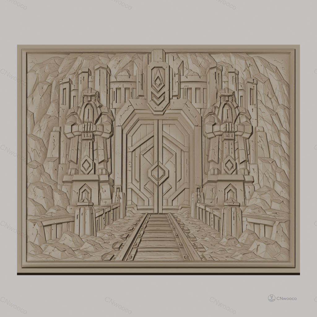 Fichier CNC & impression 3D porte naine gardée par statues, relief de montagne et rails, haute qualité relief STL