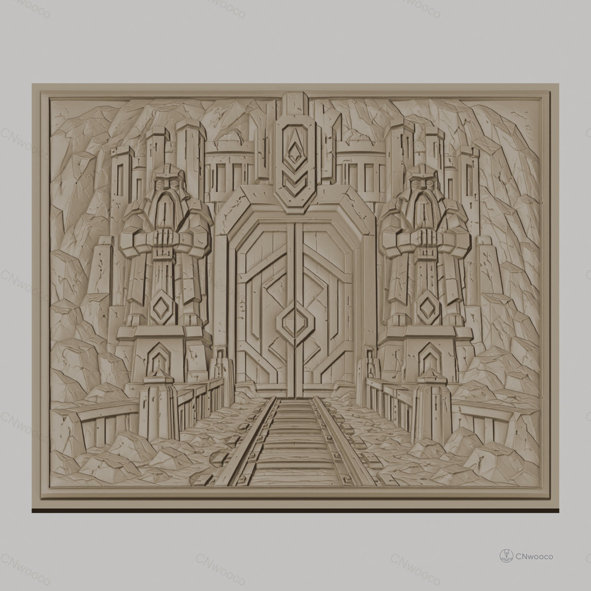Fichier CNC & impression 3D porte naine gardée par statues, relief de montagne et rails, haute qualité relief STL