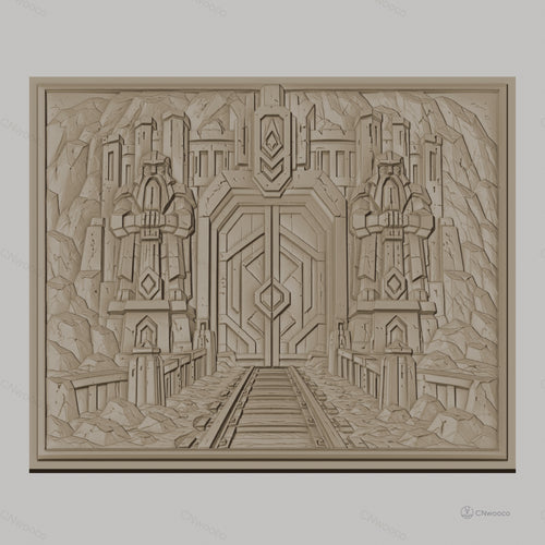 Fichier CNC & impression 3D porte naine gardée par statues, relief de montagne et rails, haute qualité relief STL