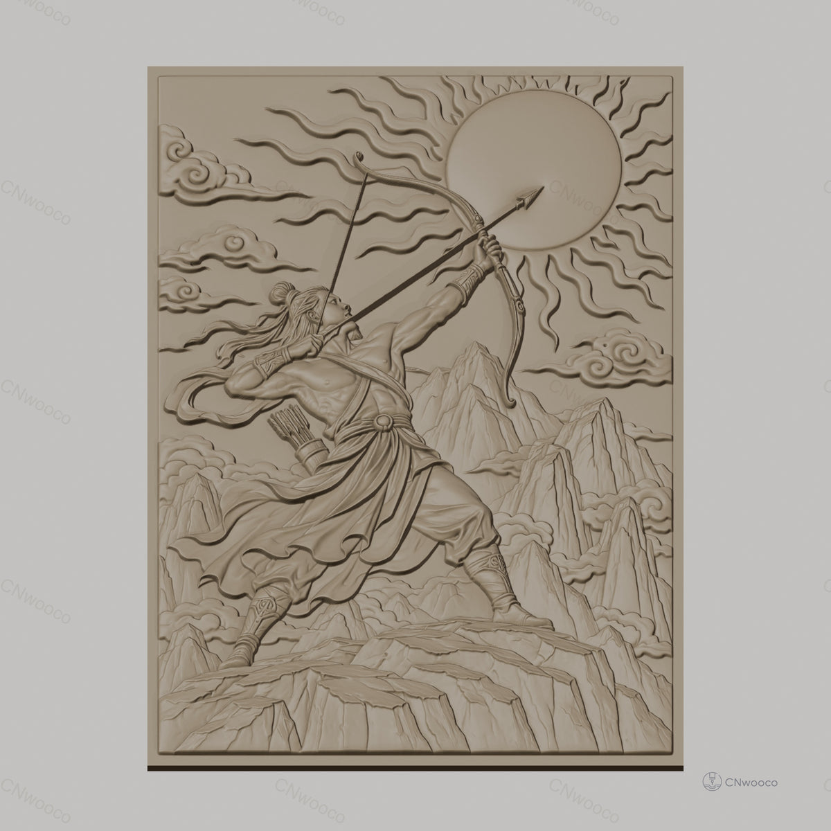 Fichier CNC & impression 3D archer mythologique, montagne, soleil, nuages, haute qualité relief STL