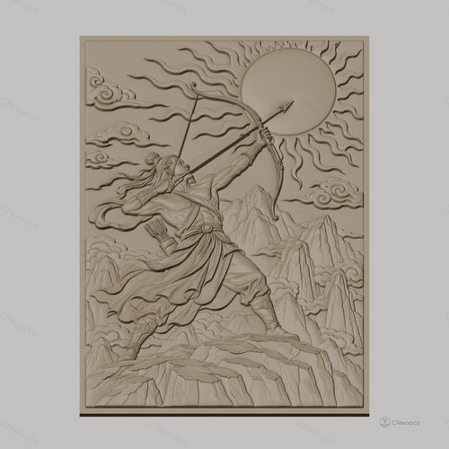 Fichier CNC & impression 3D archer mythologique, montagne, soleil, nuages, haute qualité relief STL