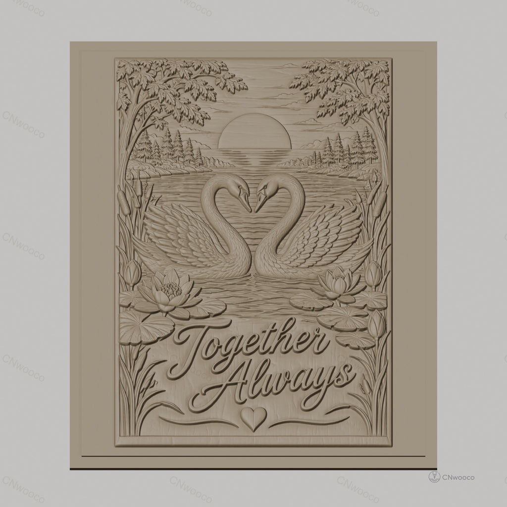 Fichier CNC & impression 3D cygnes en amour, lac, fleurs de nénuphar, texte Together Always, haute qualité relief STL