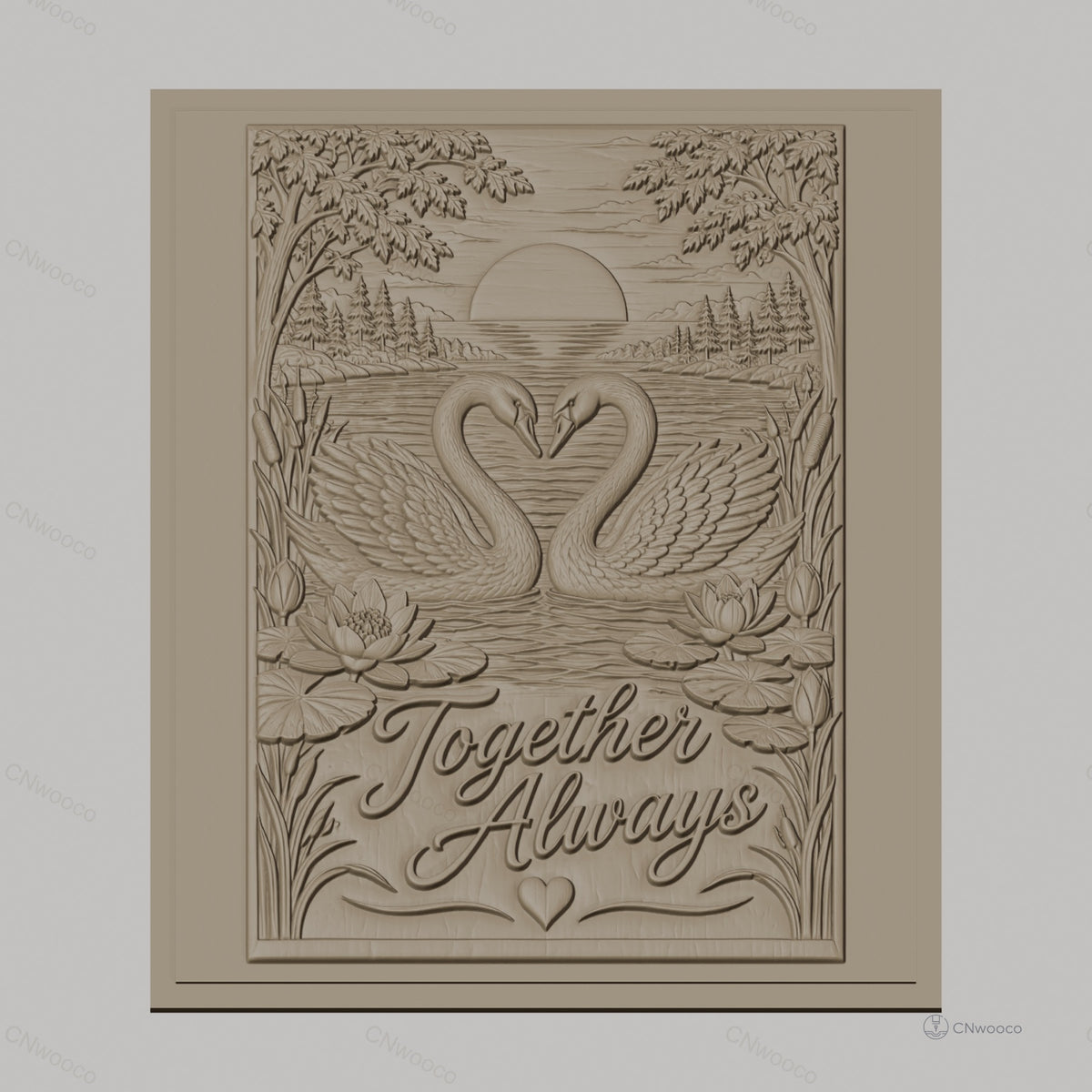 Fichier CNC & impression 3D cygnes en amour, lac, fleurs de nénuphar, texte Together Always, haute qualité relief STL