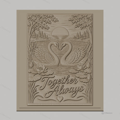 Fichier CNC & impression 3D cygnes en amour, lac, fleurs de nénuphar, texte Together Always, haute qualité relief STL