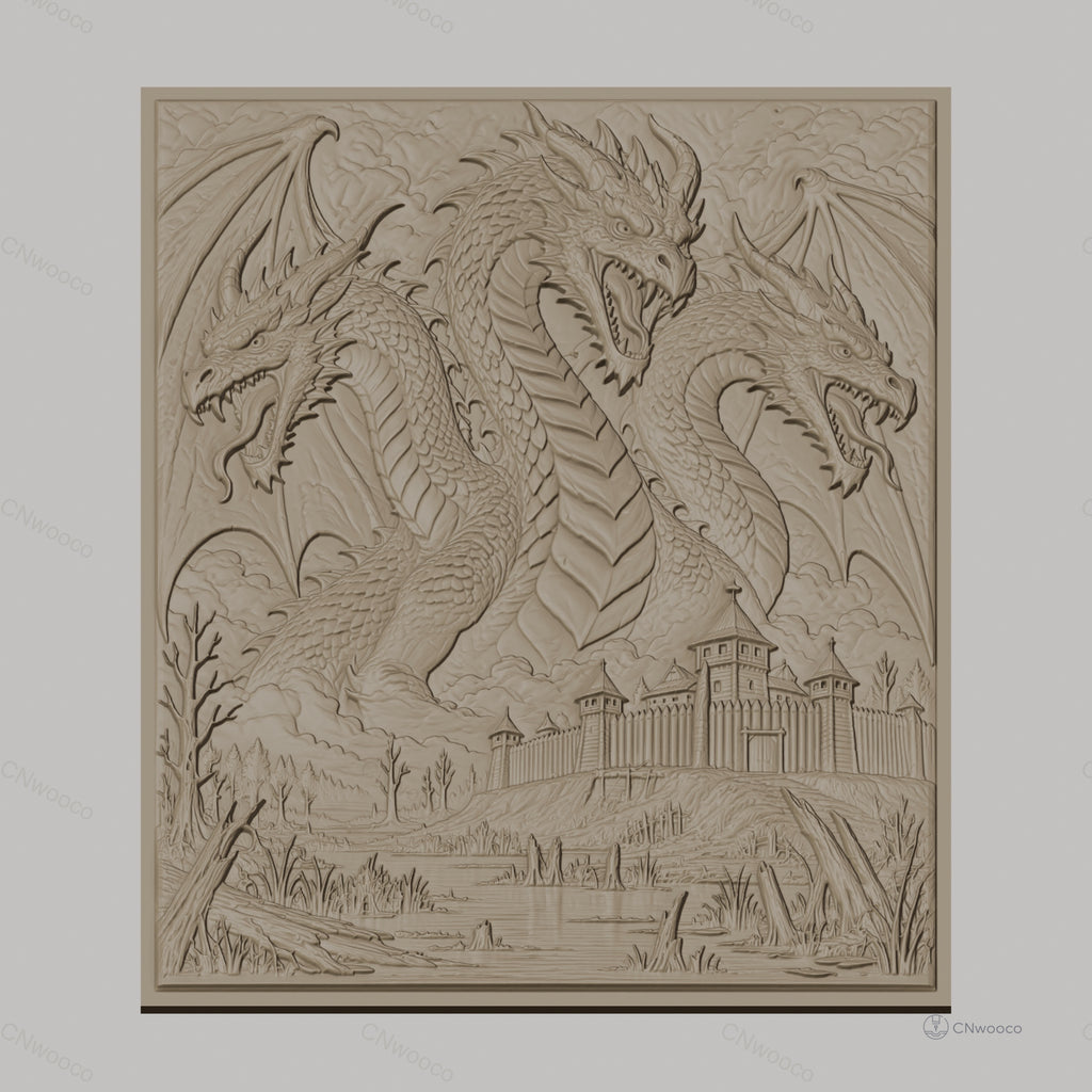 Fichier CNC & impression 3D dragon à trois têtes, château médiéval et paysage de marais, haute qualité relief STL