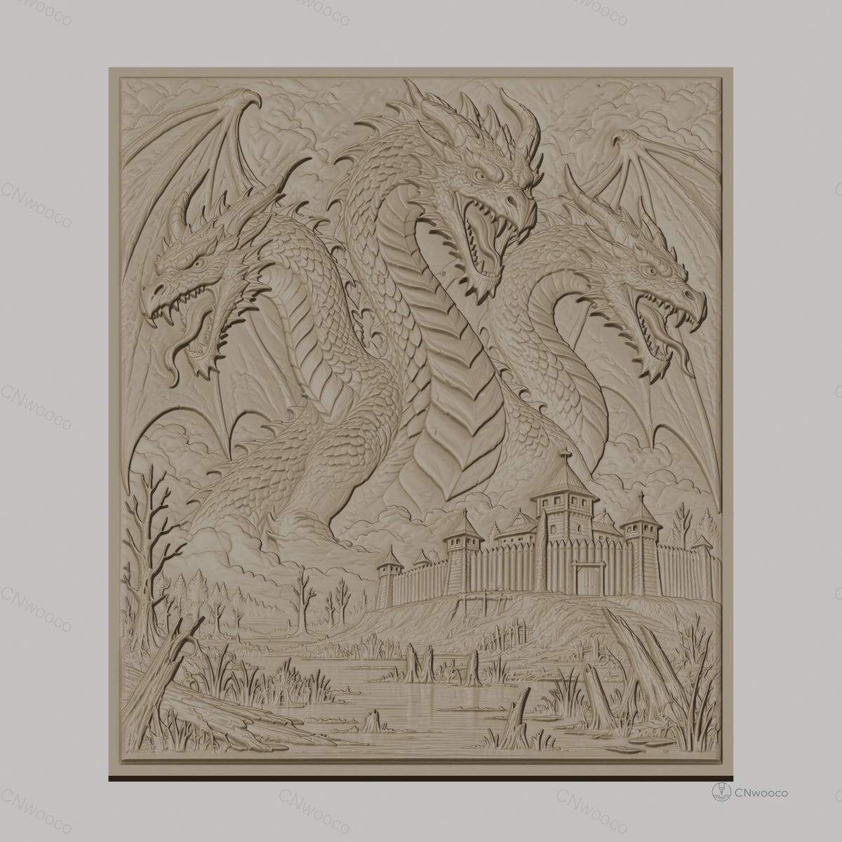 Fichier CNC & impression 3D dragon à trois têtes, château médiéval et paysage de marais, haute qualité relief STL