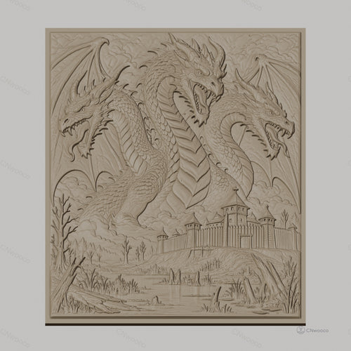Fichier CNC & impression 3D dragon à trois têtes, château médiéval et paysage de marais, haute qualité relief STL