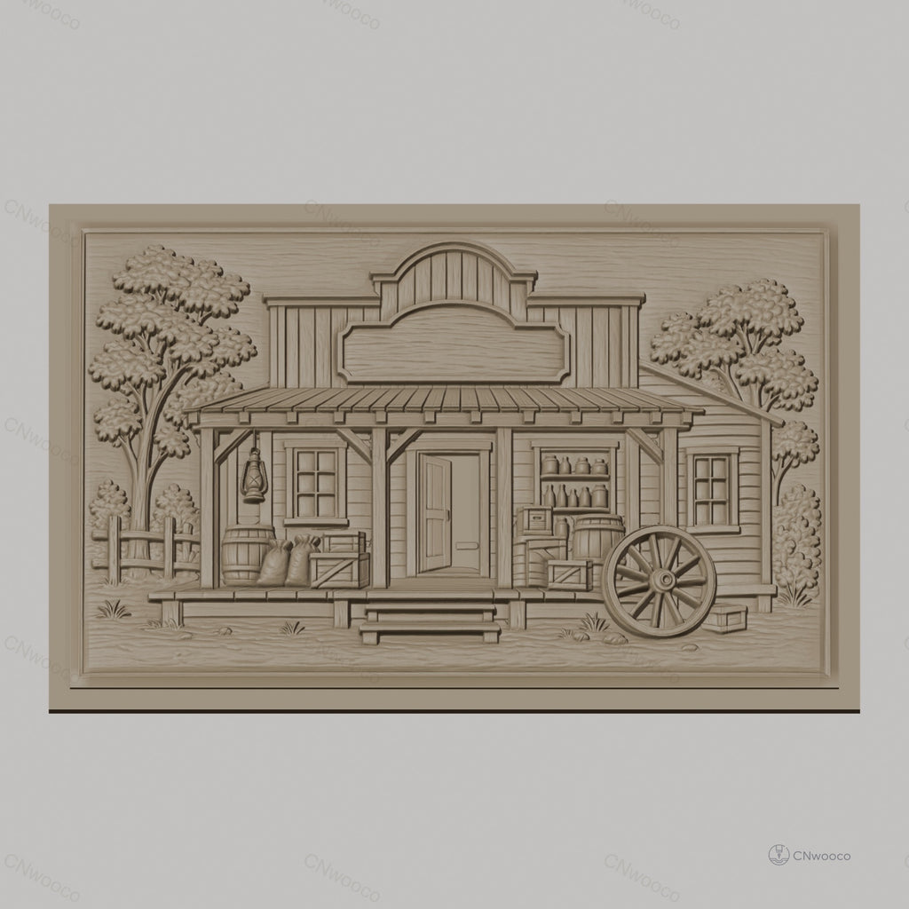 Fichier CNC & impression 3D magasin western, cabine en bois avec baril, caisse, roue et arbres, haute qualité relief STL