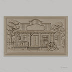 Fichier CNC & impression 3D magasin western, cabine en bois avec baril, caisse, roue et arbres, haute qualité relief STL