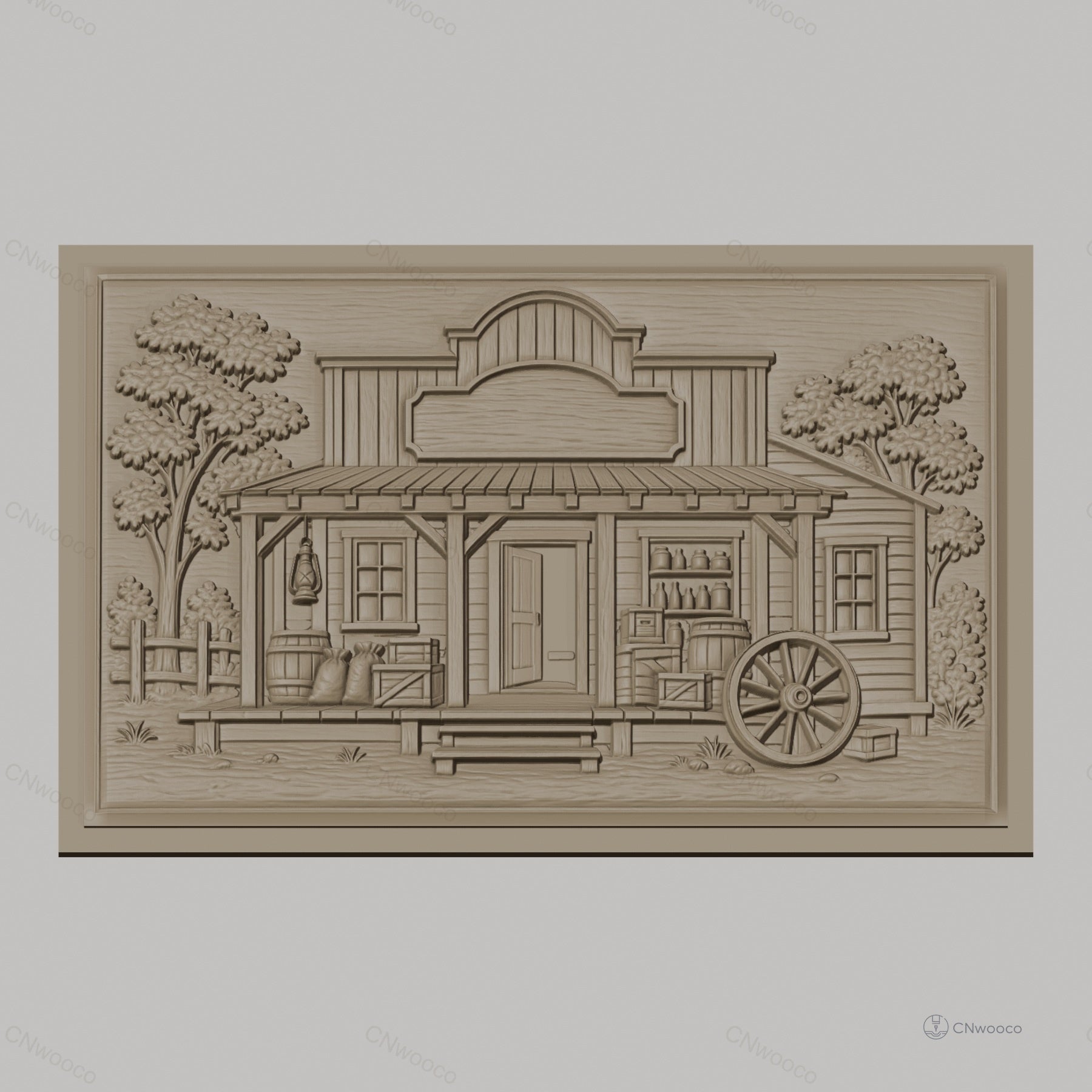Fichier CNC & impression 3D magasin western, cabine en bois avec baril, caisse, roue et arbres, haute qualité relief STL