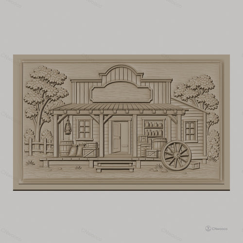 Fichier CNC & impression 3D magasin western, cabine en bois avec baril, caisse, roue et arbres, haute qualité relief STL
