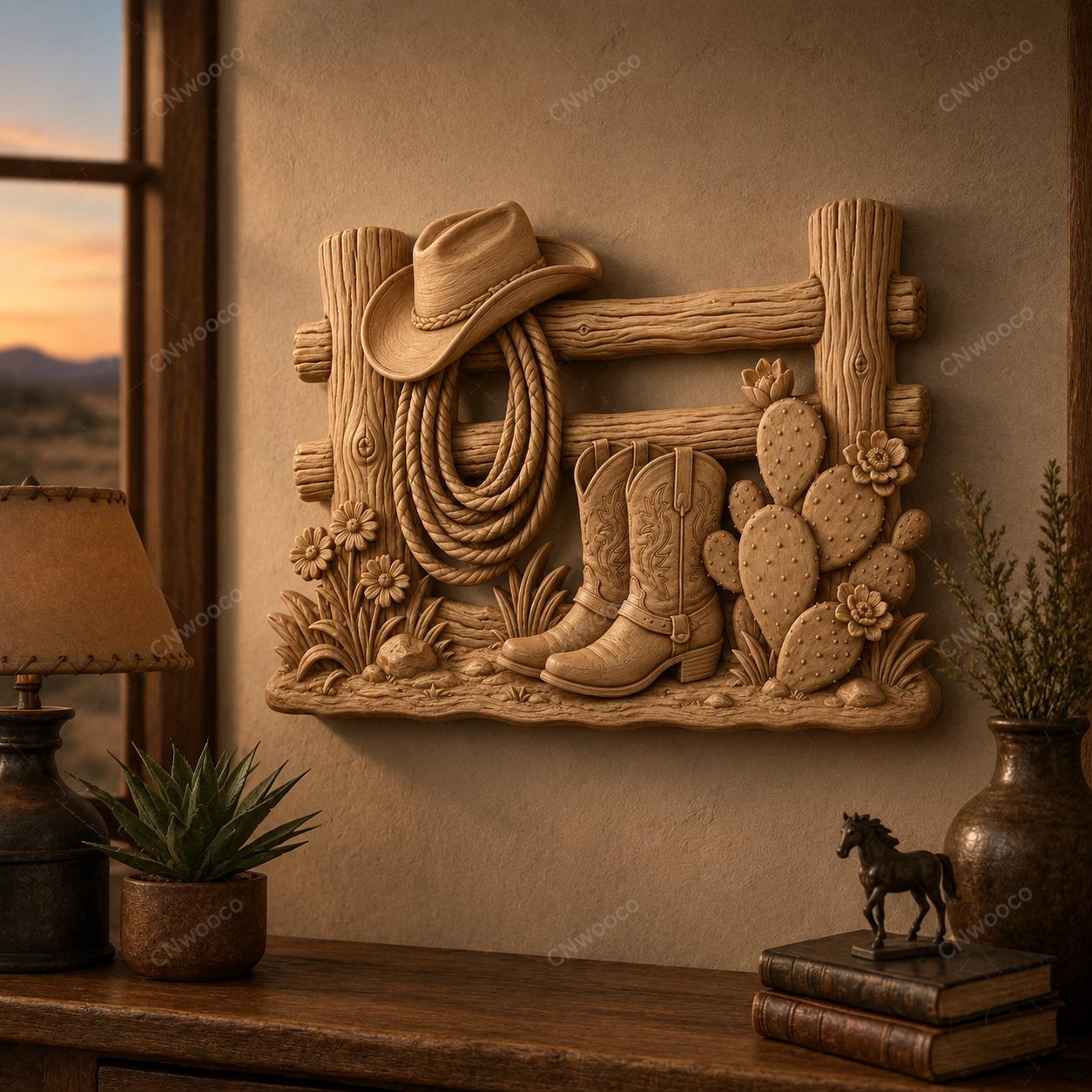 CNC & impression 3D clôture western avec bottes cowboy et cactus, fichier STL très haute qualité