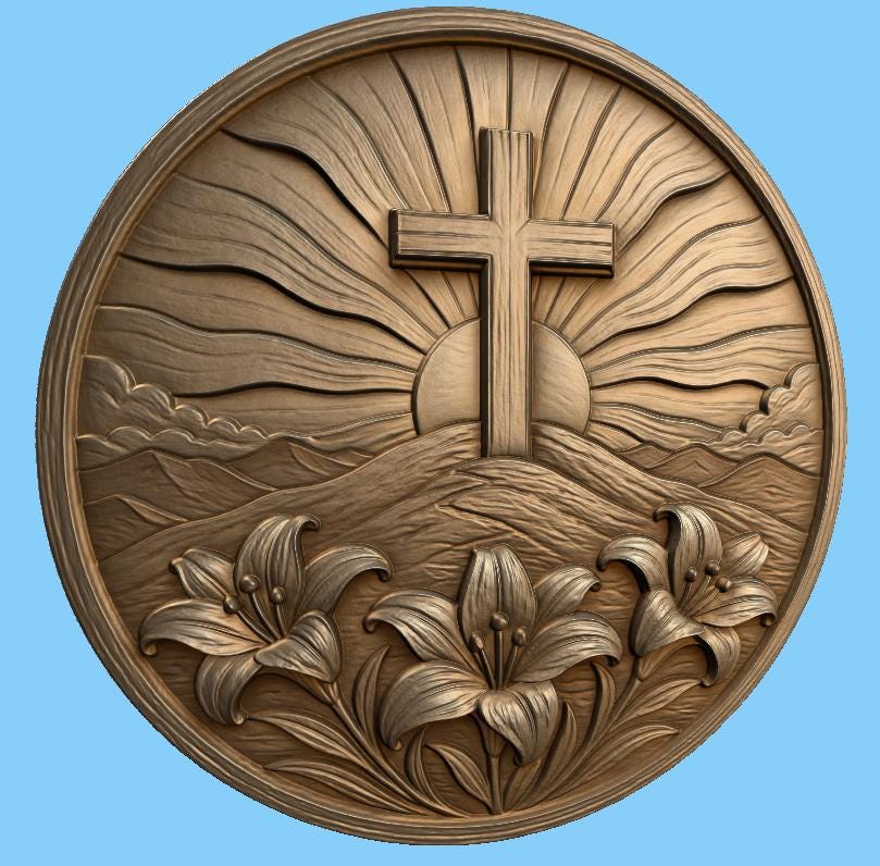 CNC & impression 3D relief croix chrétienne avec lys et soleil levant, fichier STL très haute qualité