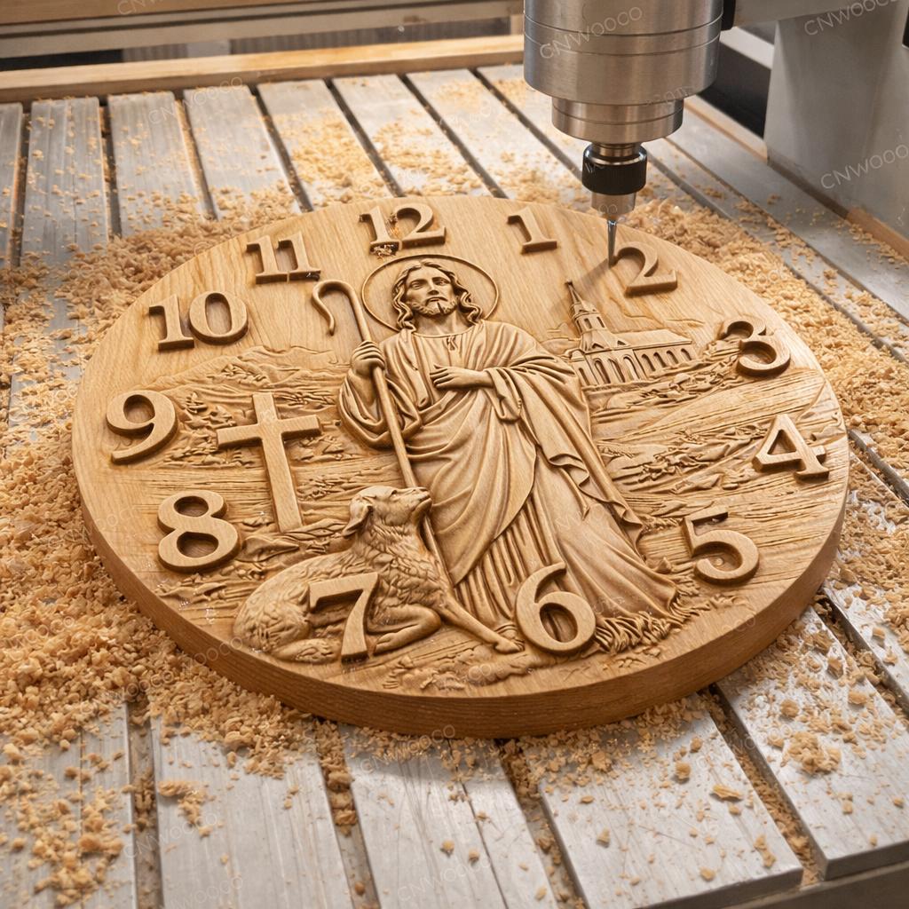 Fichier CNC horloge Jésus berger et brebis – bas-relief chrétien pour sculpture bois, décoration murale religieuse STL