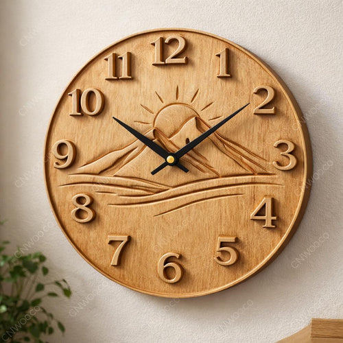 Fichier CNC horloge paysage montagne – bas-relief bois pour sculpture CNC, décoration murale rustique STL