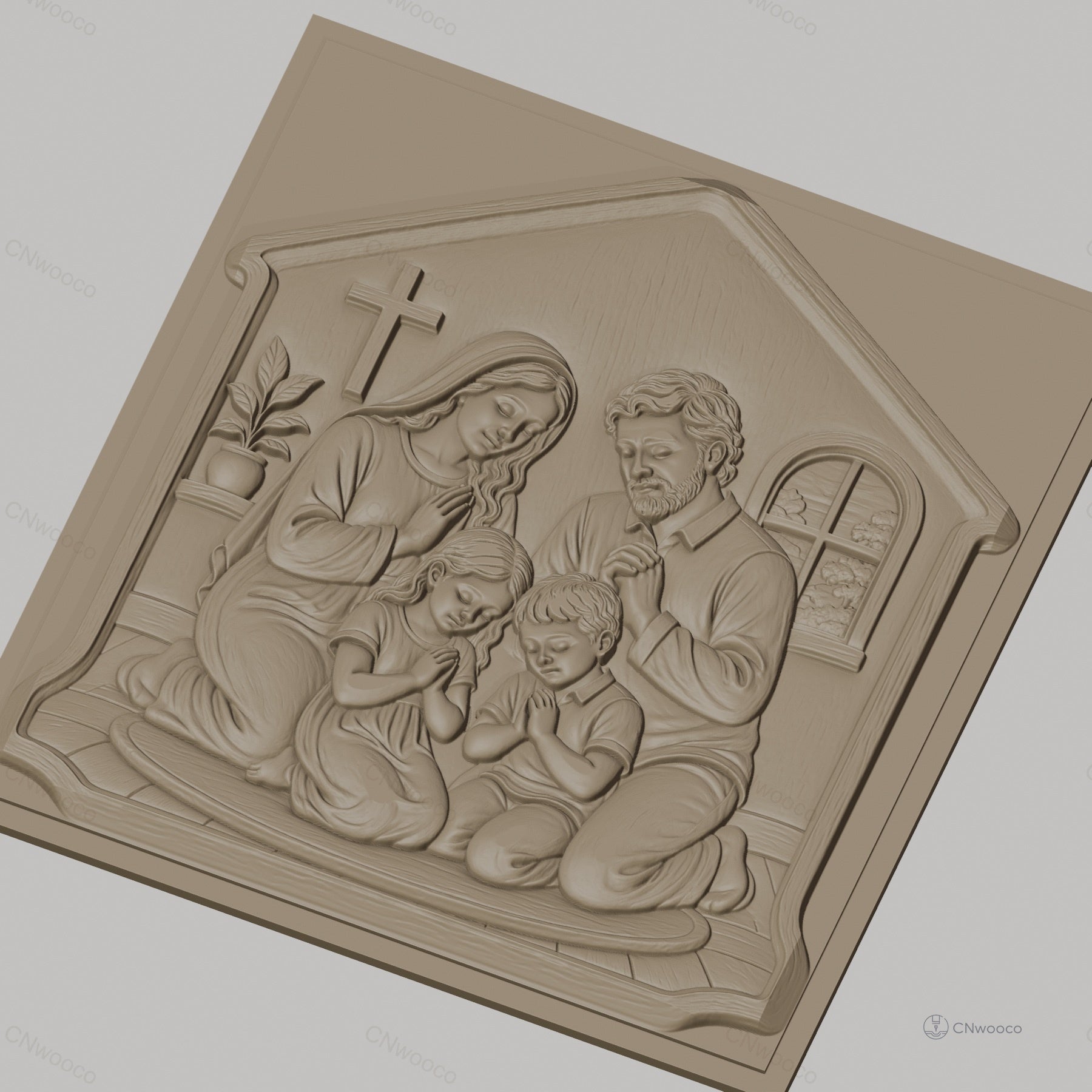 Fichier CNC & impression 3D famille en prière chrétienne, scène religieuse avec croix et enfants, haute qualité relief STL