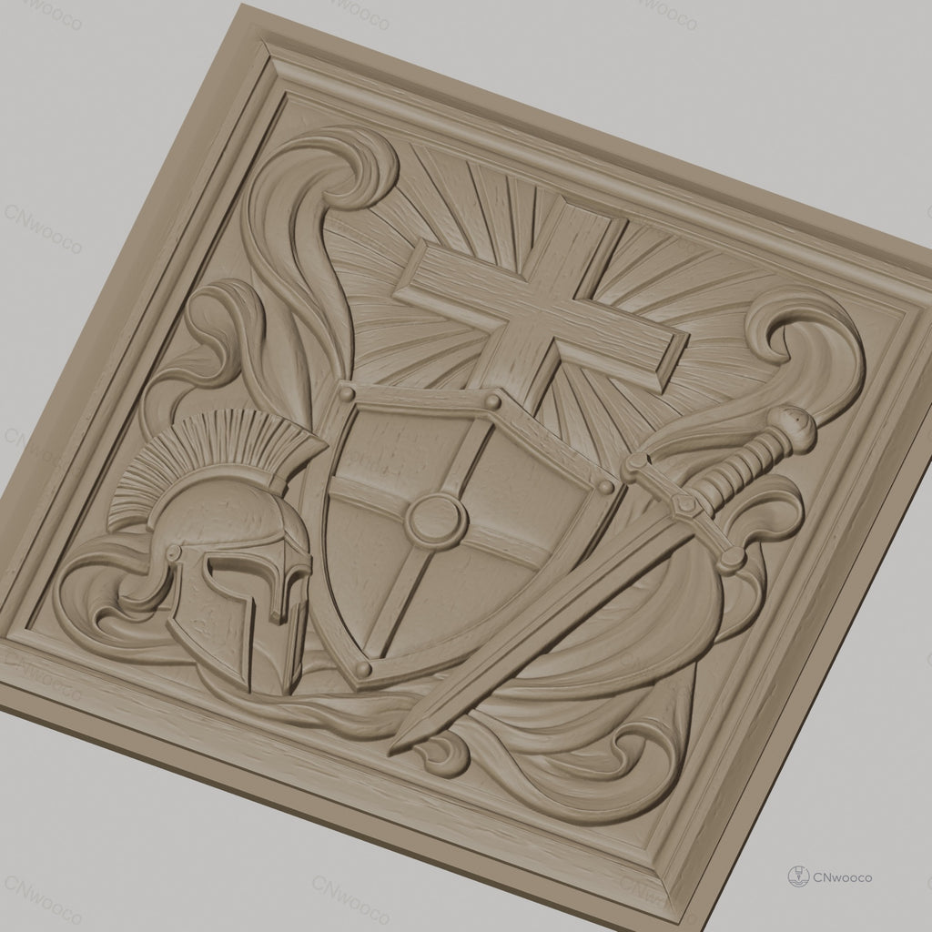 Fichier CNC & impression 3D bouclier croix et épée, casque médiéval, haute qualité relief STL
