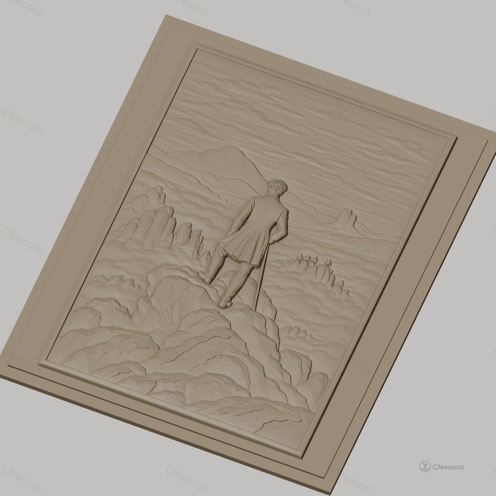 Fichier CNC & impression 3D homme en veste sur sommet de montagne, paysage de rochers et vallées, haute qualité relief STL