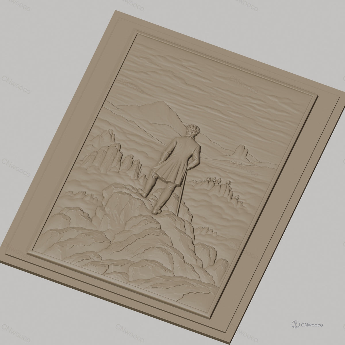 Fichier CNC & impression 3D homme en veste sur sommet de montagne, paysage de rochers et vallées, haute qualité relief STL