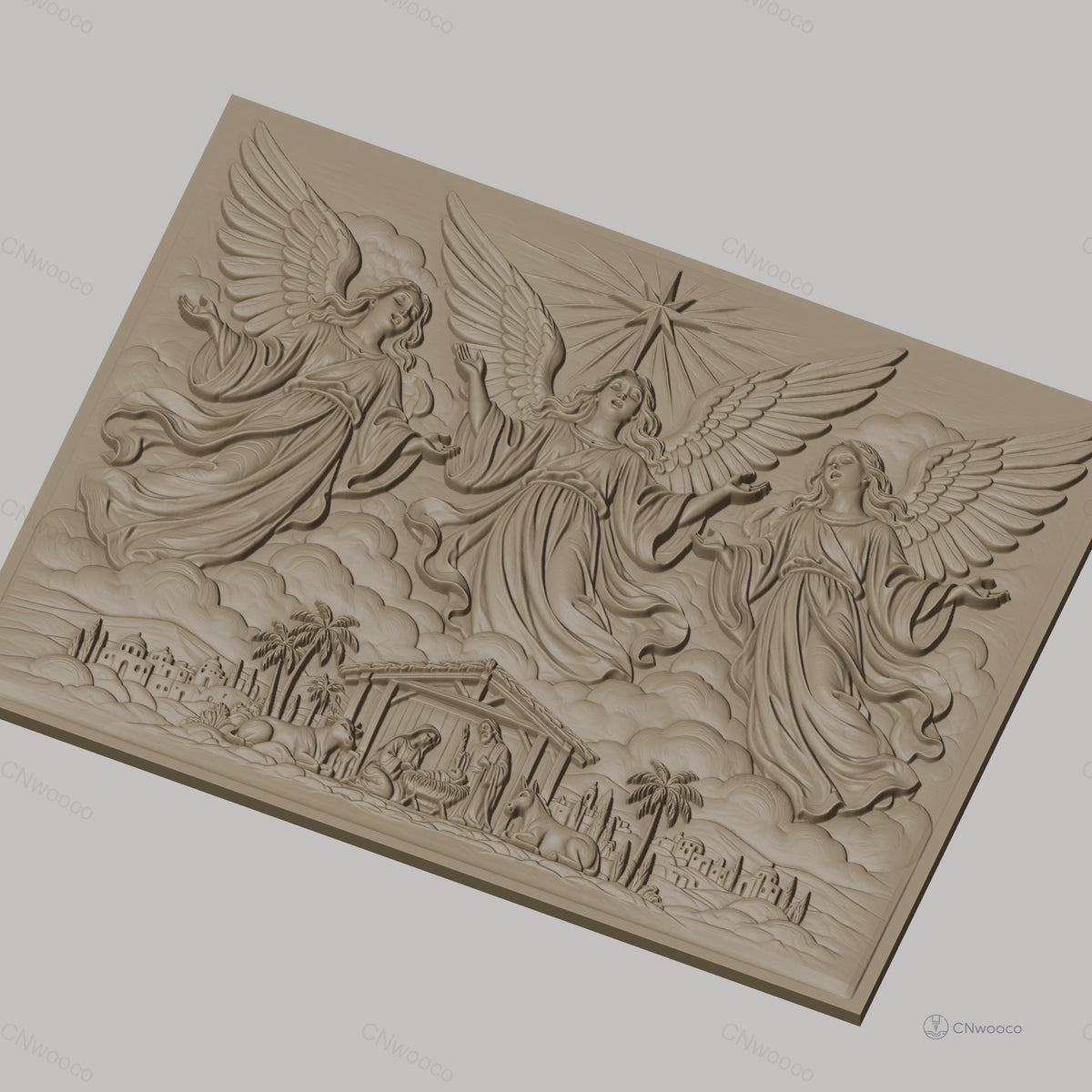 Fichier CNC & impression 3D scène de la Nativité avec anges, crèche, animaux et étoile, haute qualité relief STL