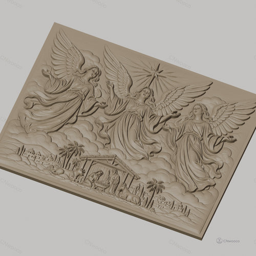 Fichier CNC & impression 3D scène de la Nativité avec anges, crèche, animaux et étoile, haute qualité relief STL