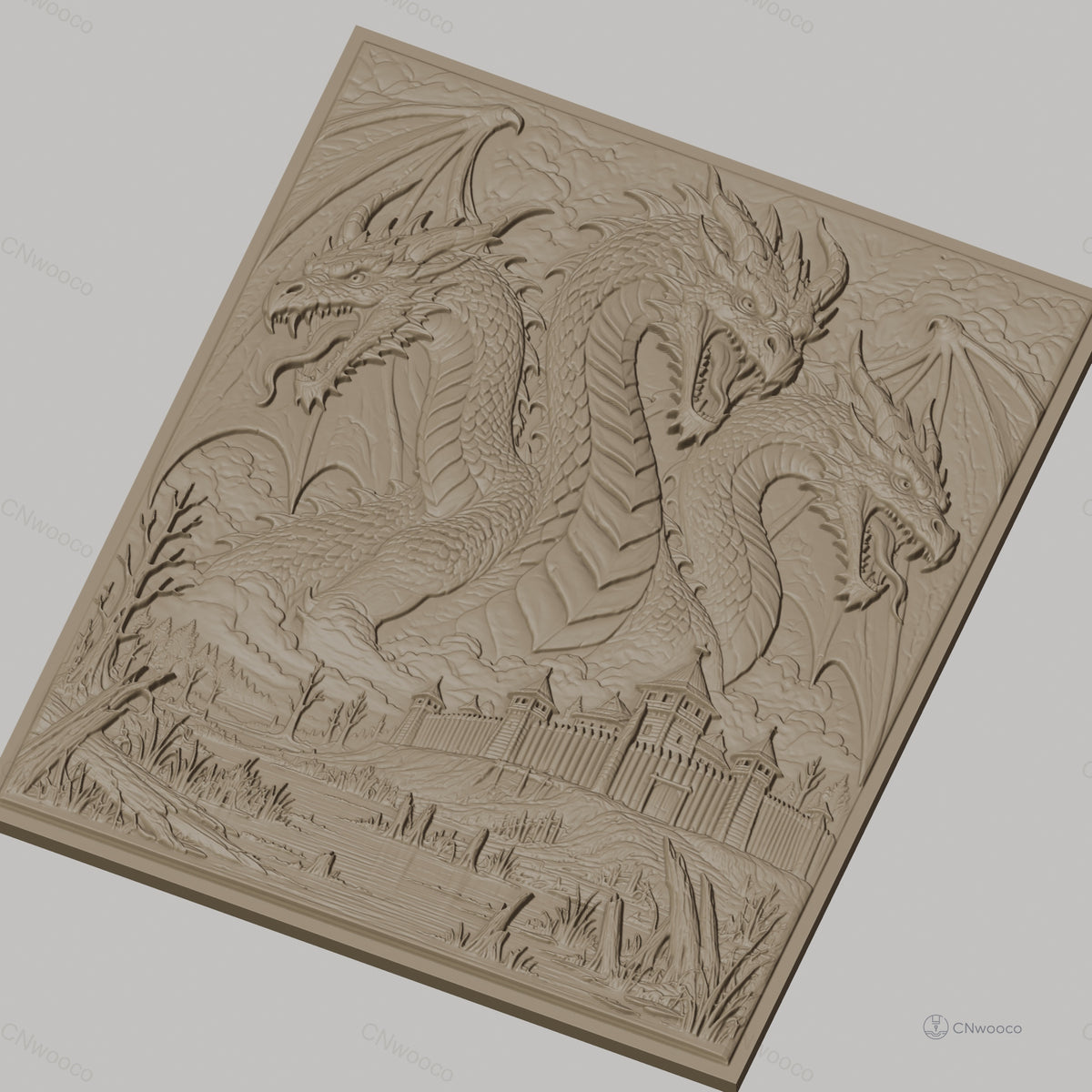 Fichier CNC & impression 3D dragon à trois têtes, château médiéval et paysage de marais, haute qualité relief STL