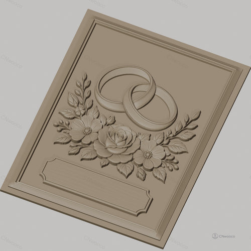 Fichier CNC & impression 3D thème mariage, bagues entrelacées et bouquet floral, haute qualité relief STL