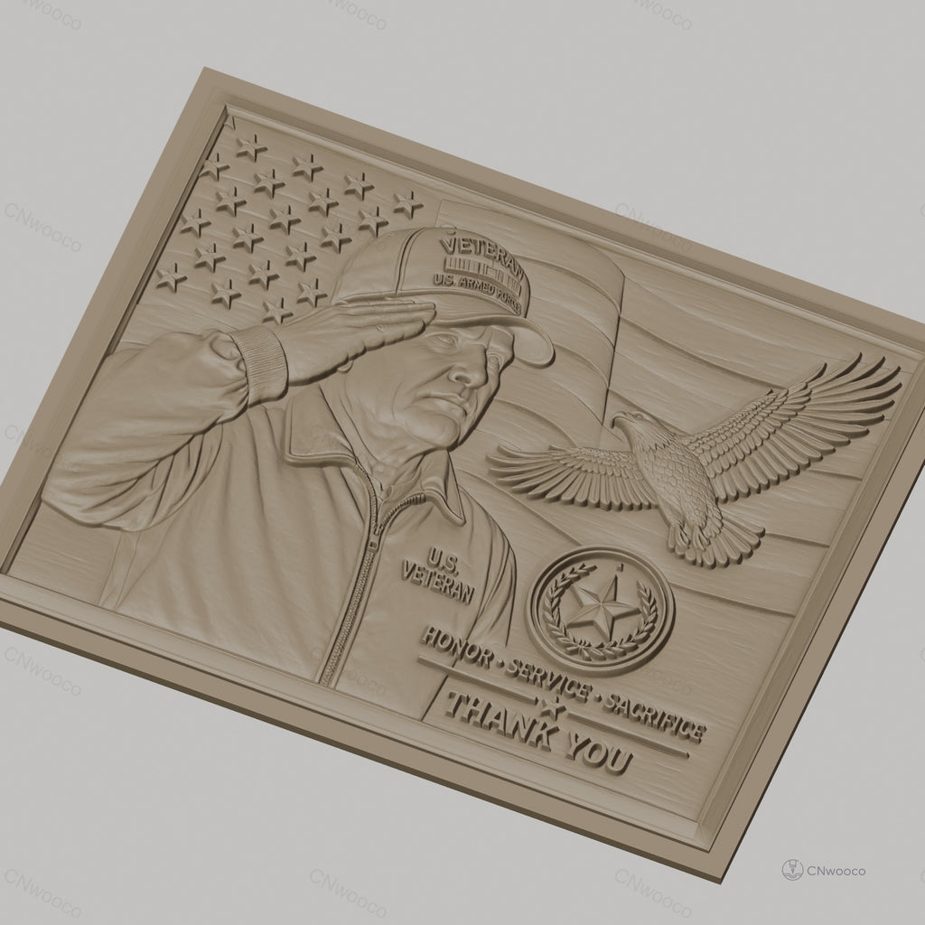 Fichier CNC & impression 3D hommage vétéran américain, drapeau USA, aigle et médaillon militaire, haute qualité relief STL
