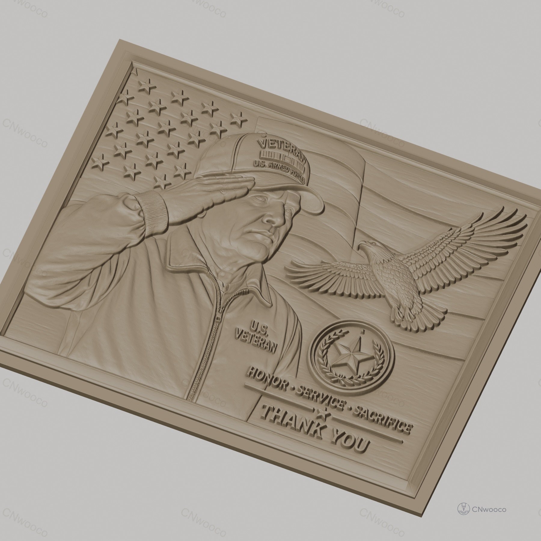 Fichier CNC & impression 3D hommage vétéran américain, drapeau USA, aigle et médaillon militaire, haute qualité relief STL