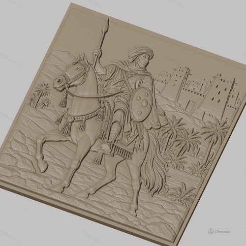 Fichier CNC & impression 3D cavalier arabe, cheval, lance, palmier et forteresse, haute qualité relief STL