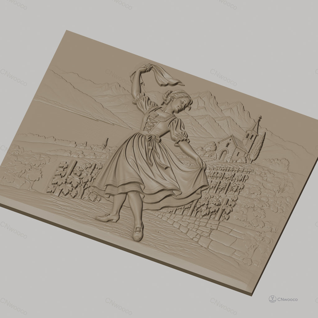 Fichier CNC & impression 3D danseuse folklorique, village, rangées de vigne, montagnes, haute qualité relief STL