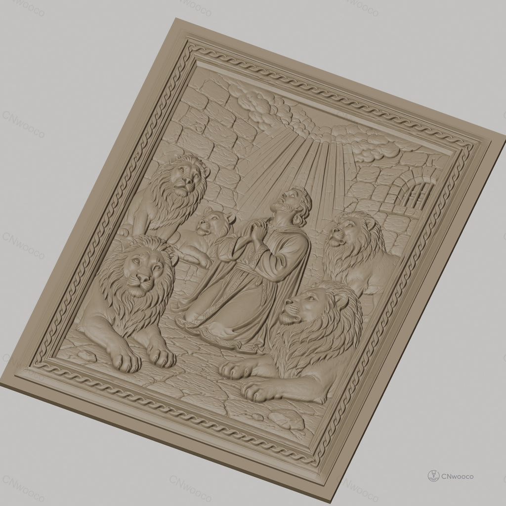 Fichier CNC & impression 3D Daniel avec lions, scène biblique en prison, haute qualité relief STL
