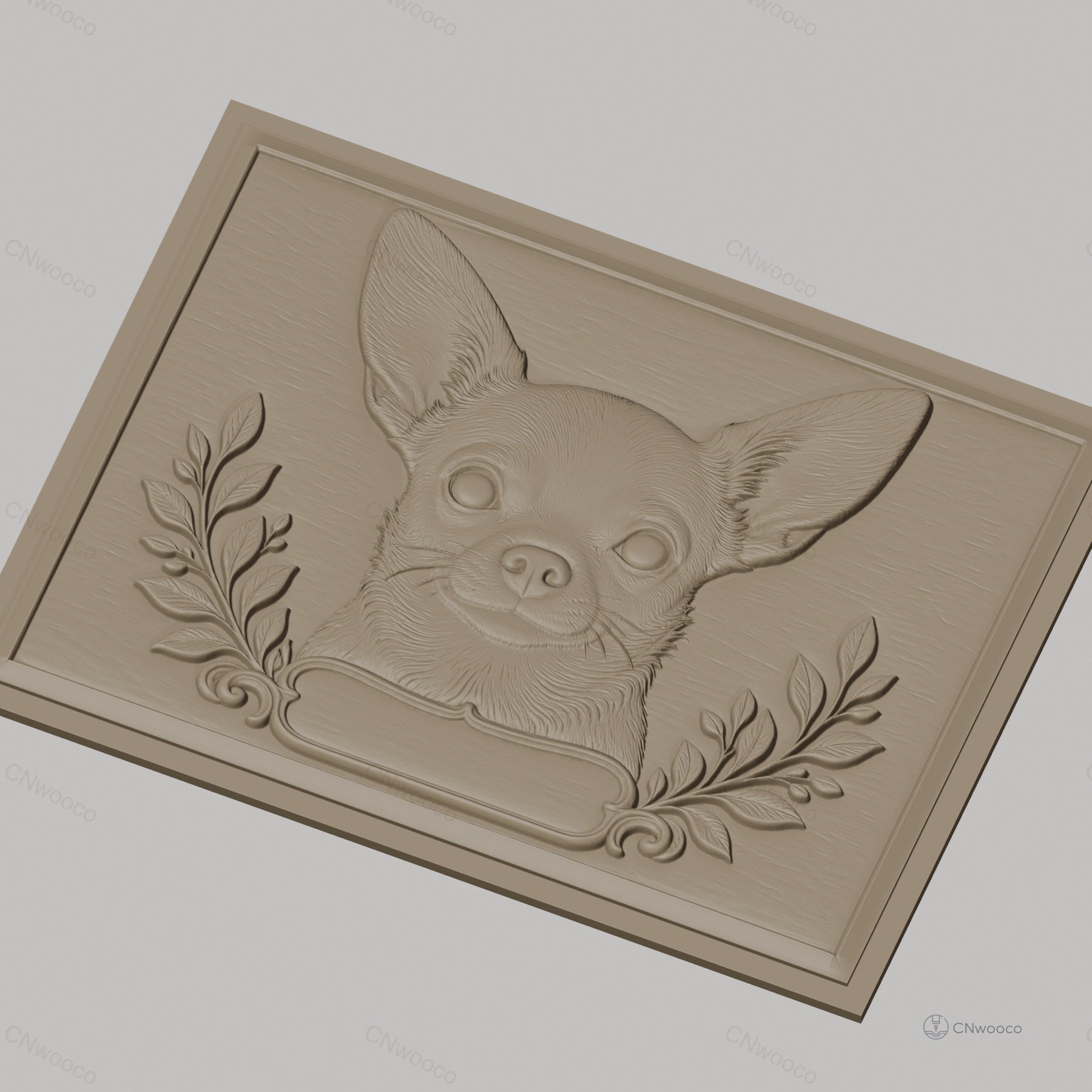 Fichier CNC & impression 3D chihuahua, relief portrait chien et décor feuillage, haute qualité relief STL
