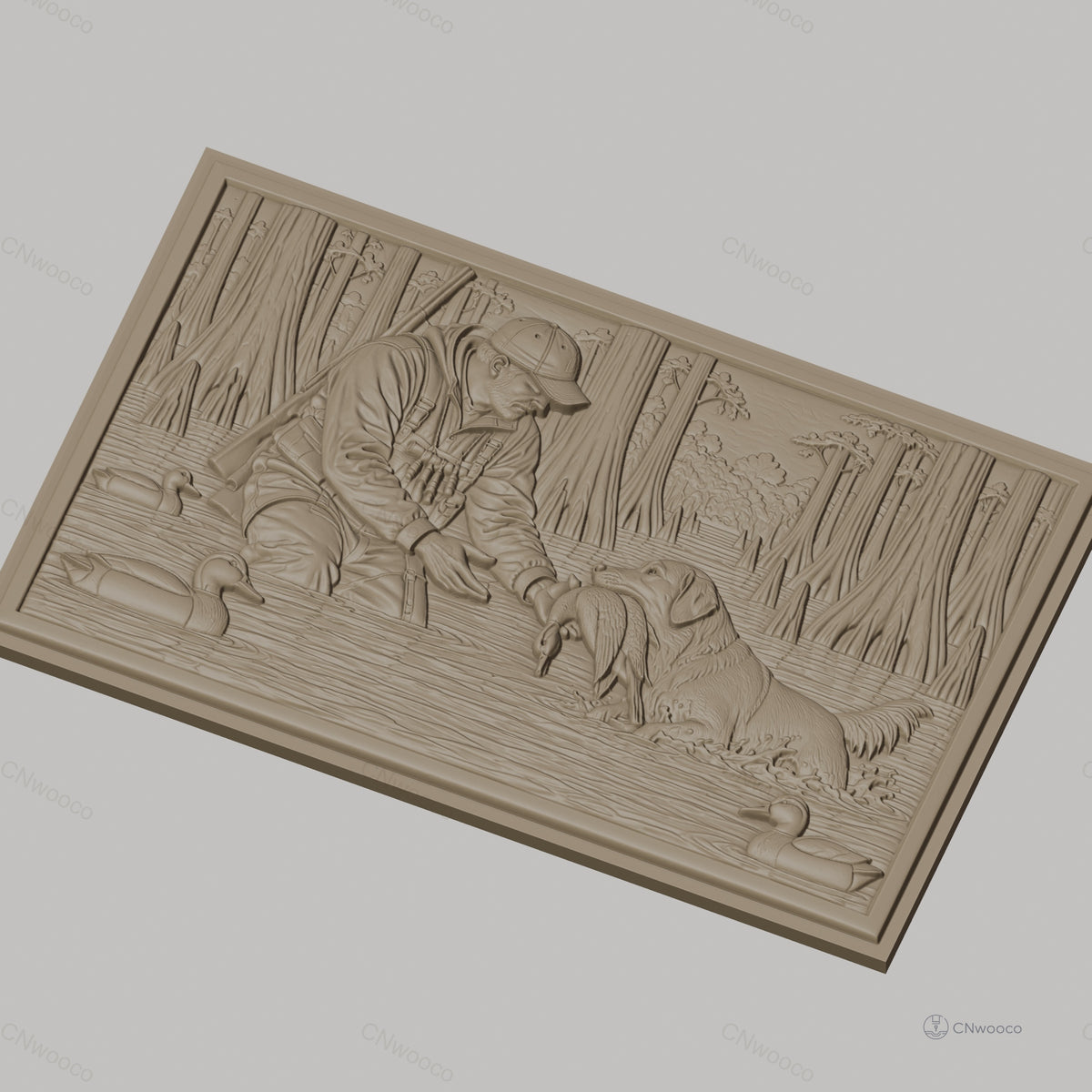 Fichier CNC & impression 3D Chasseur et chien rapportant canard dans marais, nature et forêt, haute qualité relief STL