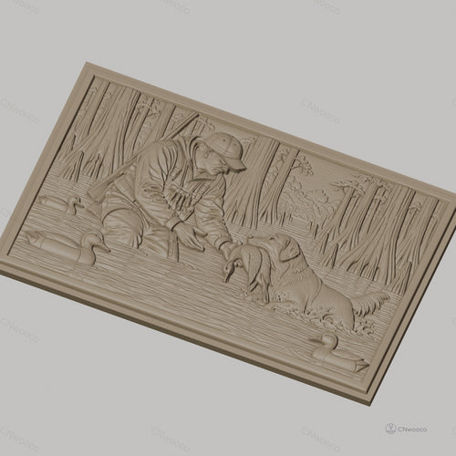Fichier CNC & impression 3D Chasseur et chien rapportant canard dans marais, nature et forêt, haute qualité relief STL