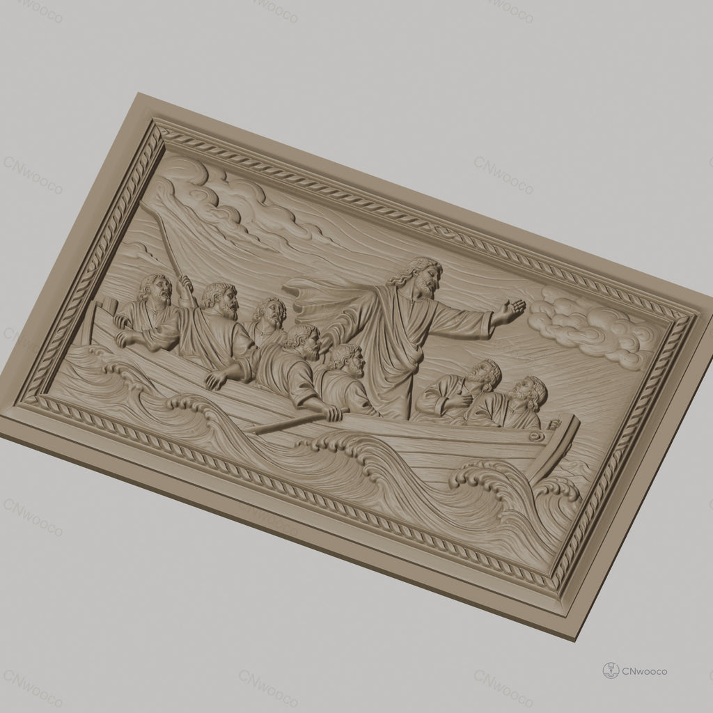 Fichier CNC & impression 3D Jésus apaisant la tempête, scène biblique en bateau, haute qualité relief STL